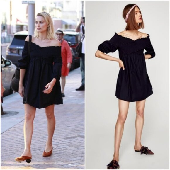 Zara Off The Shoulder Smocked Bodice Cotton Poplin Mini Dress in Black M EUC - Picture 1 of 15
